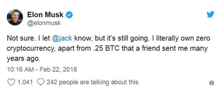 Elon Musk dévoile son portefeuille crypto-monnaie sur twitter