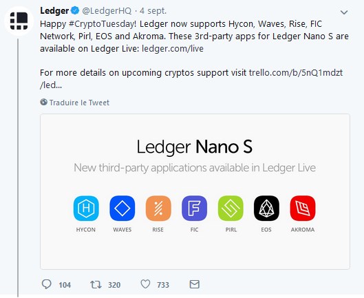 Ledger annonce le support pour EOS, Waves et 6 autres crypto-monnaies