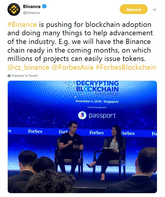 Binance : &#8220;Notre blockchain Binance Chain sortira dans les prochains mois&#8221;