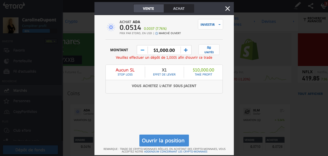 Comment investir sur ADA sur eToro ?