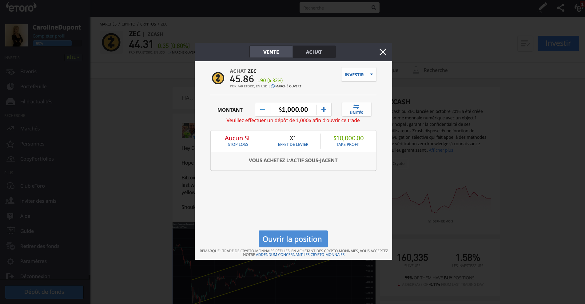 Investir ZCash eToro