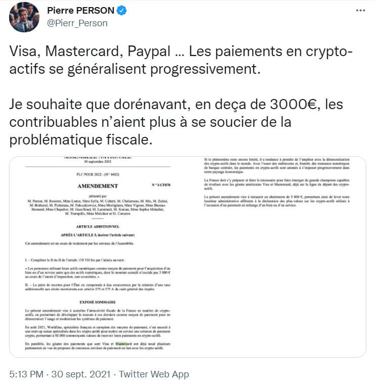 Twitter de Pierre Person : en dessous de 3000 euros ne pas imposer les crypto monnaies
