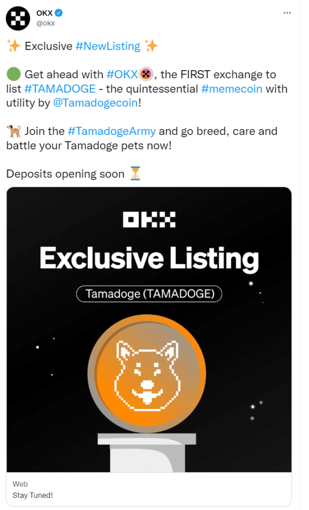 Tamadoge annonce son inscription en bourse sur OKX