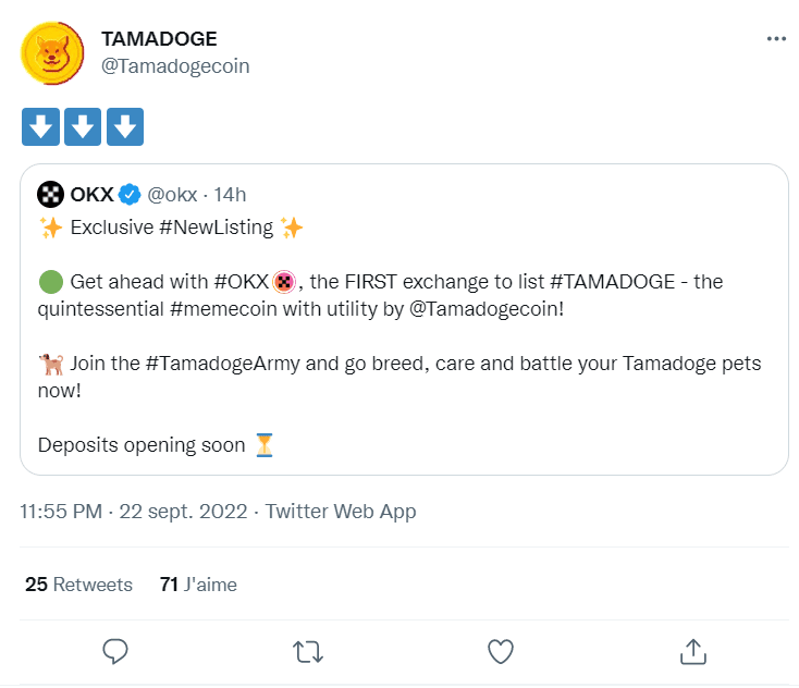 Tamadoge annonce son inscription en bourse sur OKX