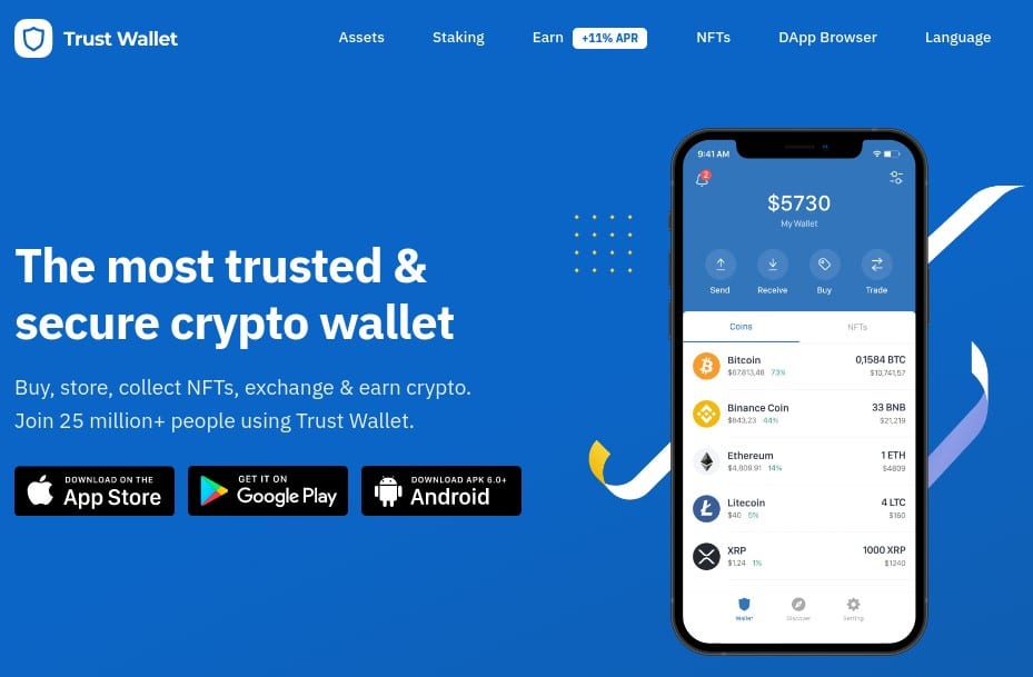 Page d'accueil de Trust Wallet