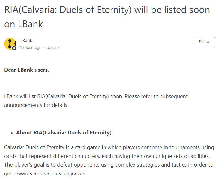 Calvaria (RIA) bientôt listé sur LBank : premier coup de chaud pour le play-to-earn ?