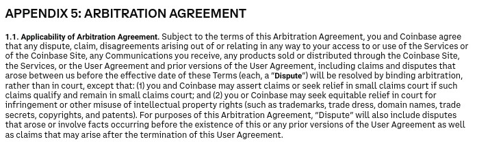 Voici un petit aperçu de la clause 5 des CGV de Coinbase