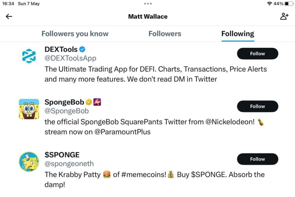 Listes des principaux comptes suivis par Matt Wallace