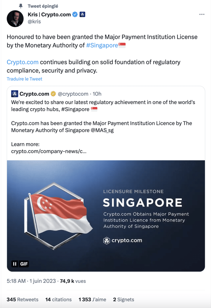 Crypto.com dispose d'une licence pour opérer à Singapour ! 