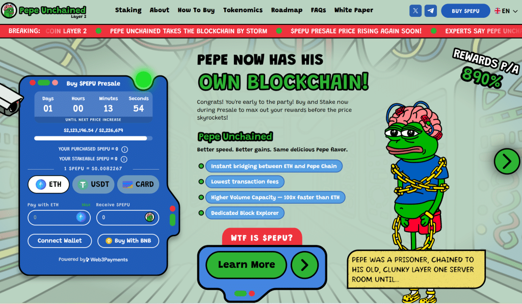 Pepe Unchained dépasse la barre des 2,2 millions de dollars en prévente : $PEPU est-il le prochain memecoin à faire x10 ?