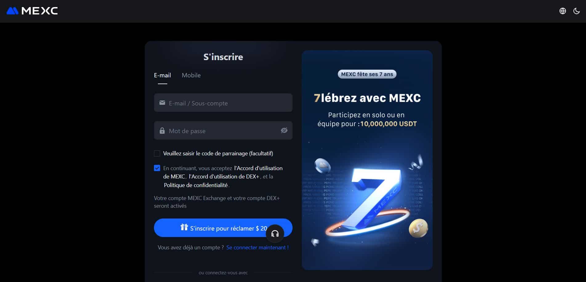 s'inscrire sur MEXC