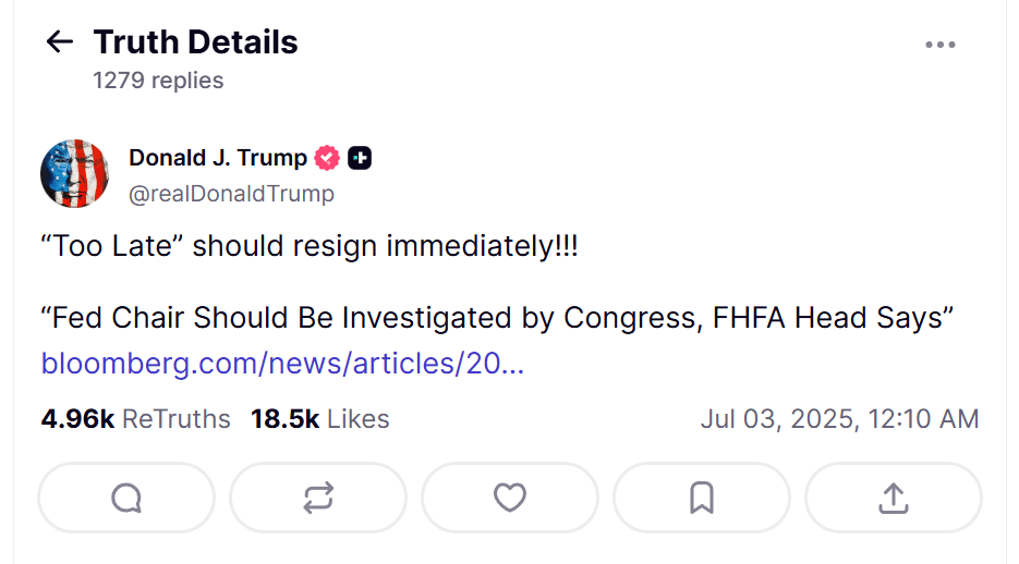 Message de Donald Trump sur Truth Social