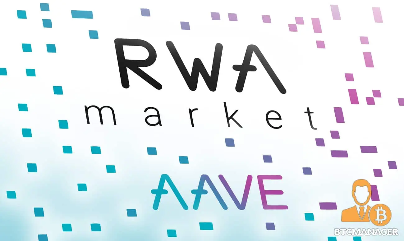 Aave RWA market graphic with abstract designs and logos in blue and purple.