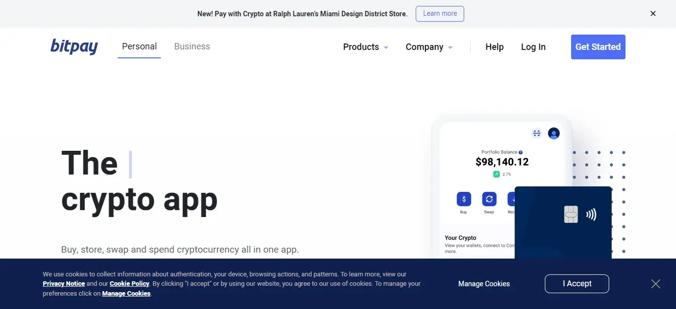 Bitpay crypto app interface displaying portfolio balance and payment card.