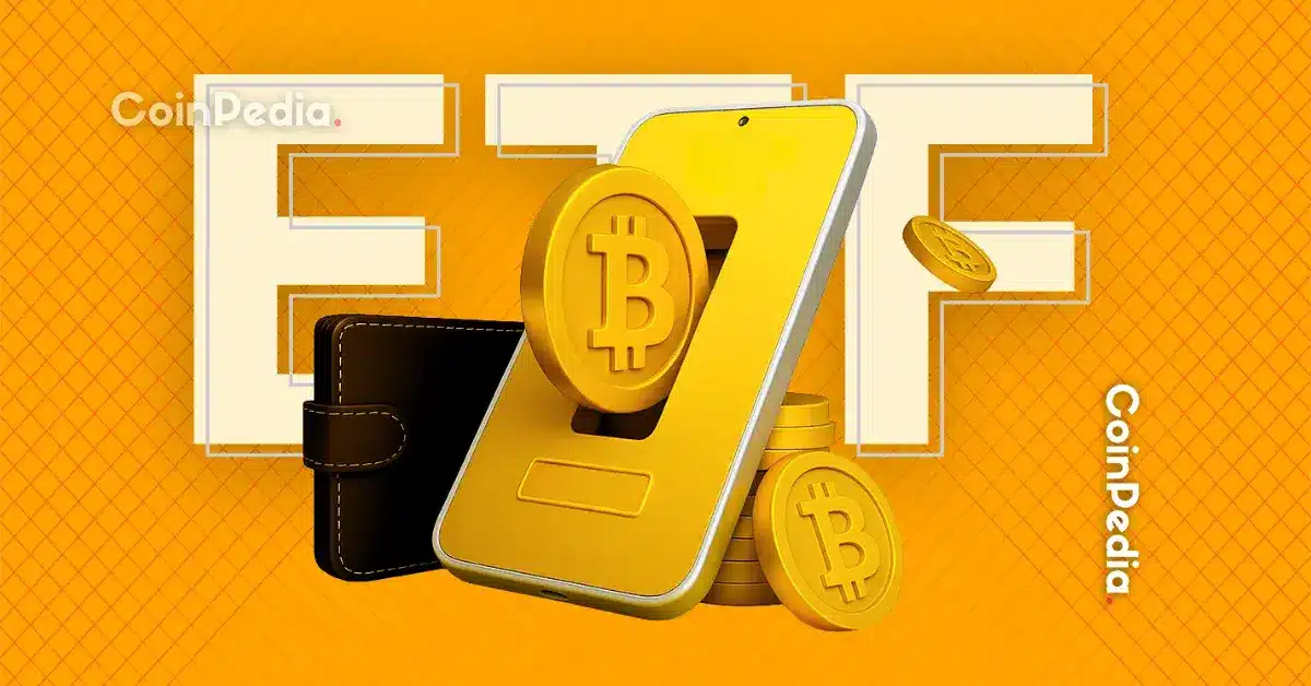 A digital wallet and smartphone with Bitcoin coins, set against an orange background.