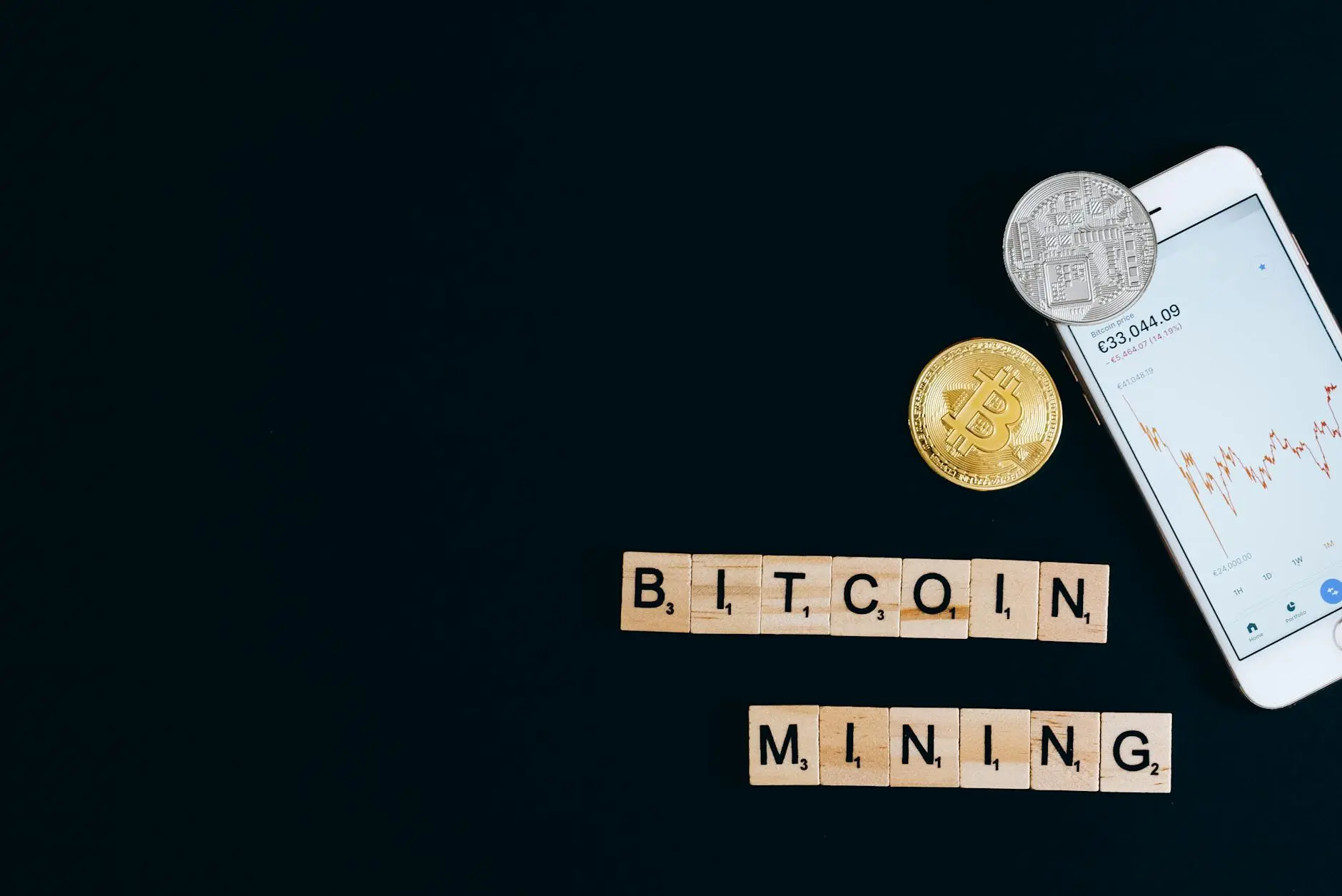 Bitcoin symbols and the phrase 'BITCOIN MINING' with a smartphone displaying market data.