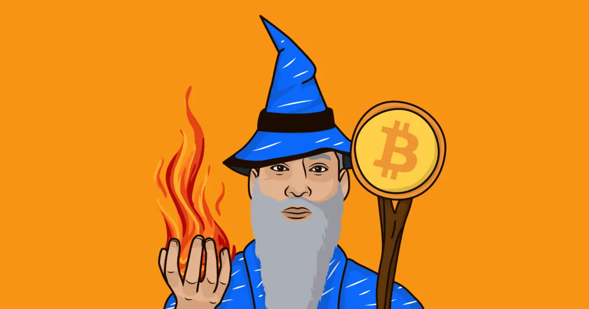 A wizard with a blue hat and robe holding a flaming ball and a Bitcoin symbol.