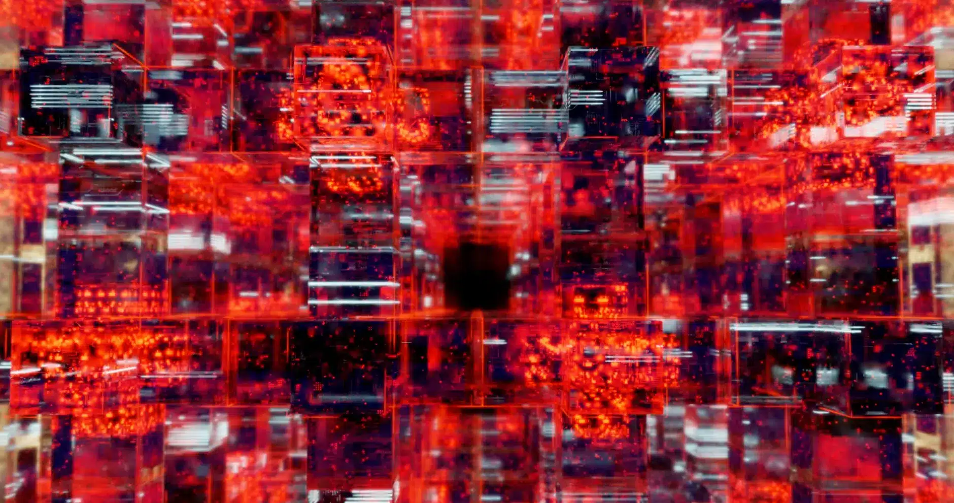 Abstract visualization of red and transparent blocks with dark void in the center.