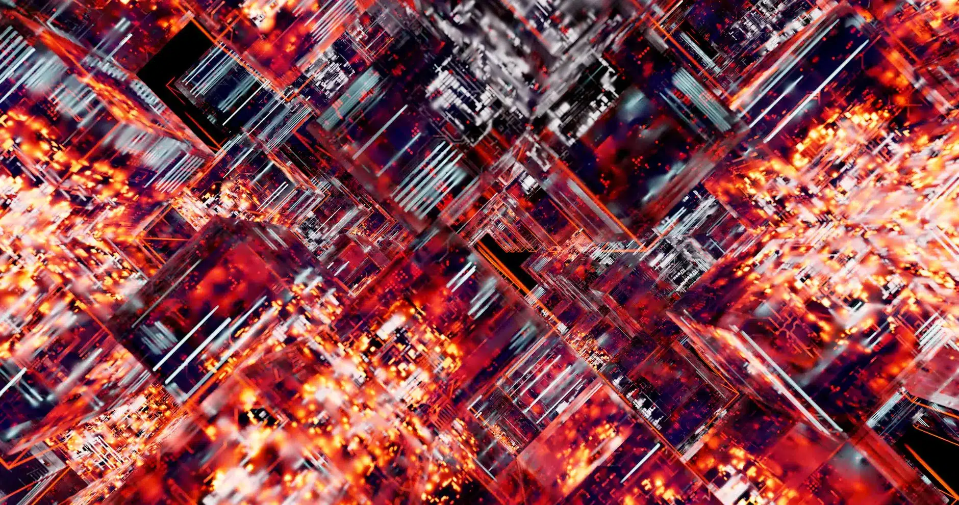 A complex, abstract visualization of blockchain network infrastructure with glowing elements.