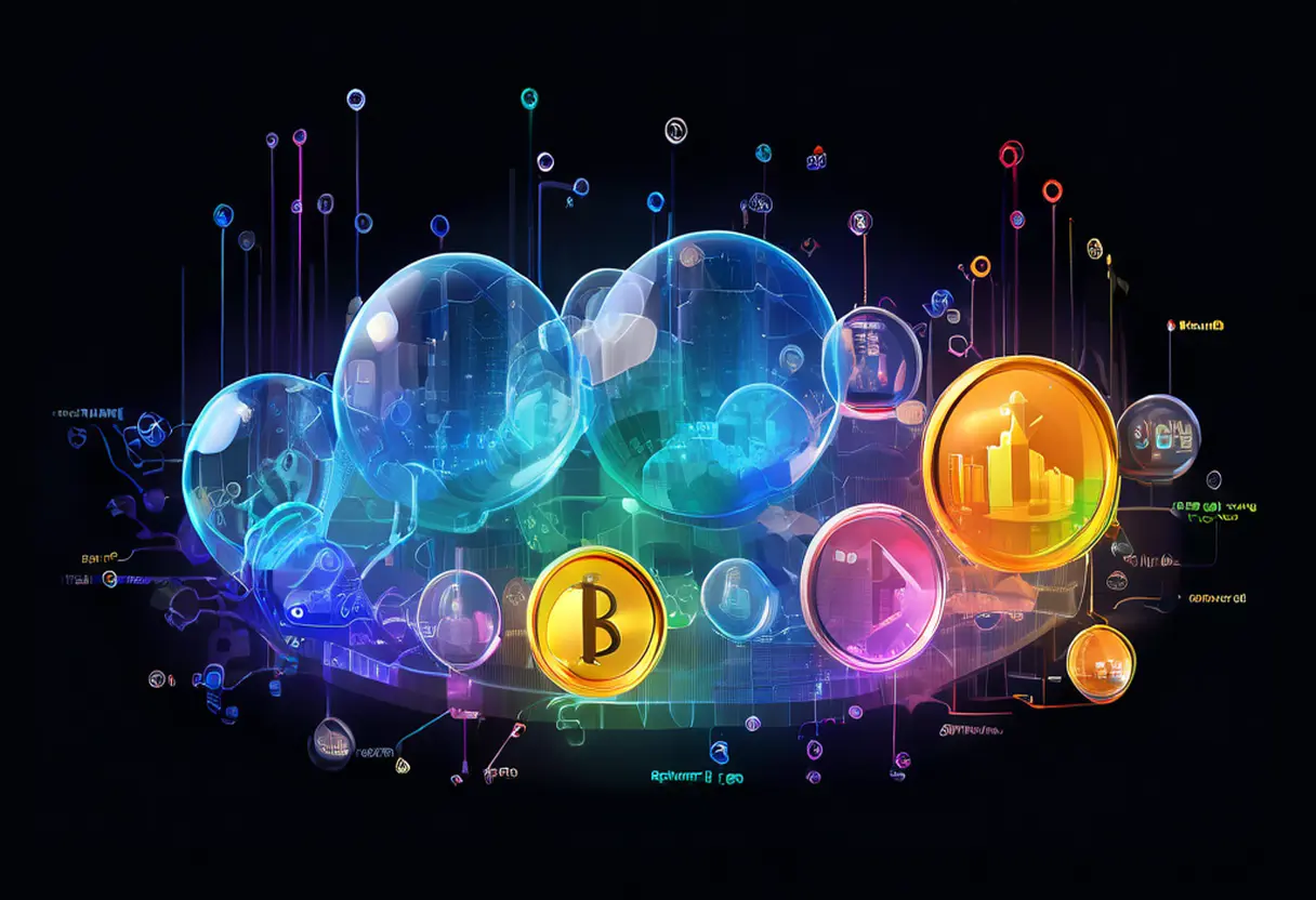 Colorful visualization of blockchain concepts with circular bubbles and icons.
