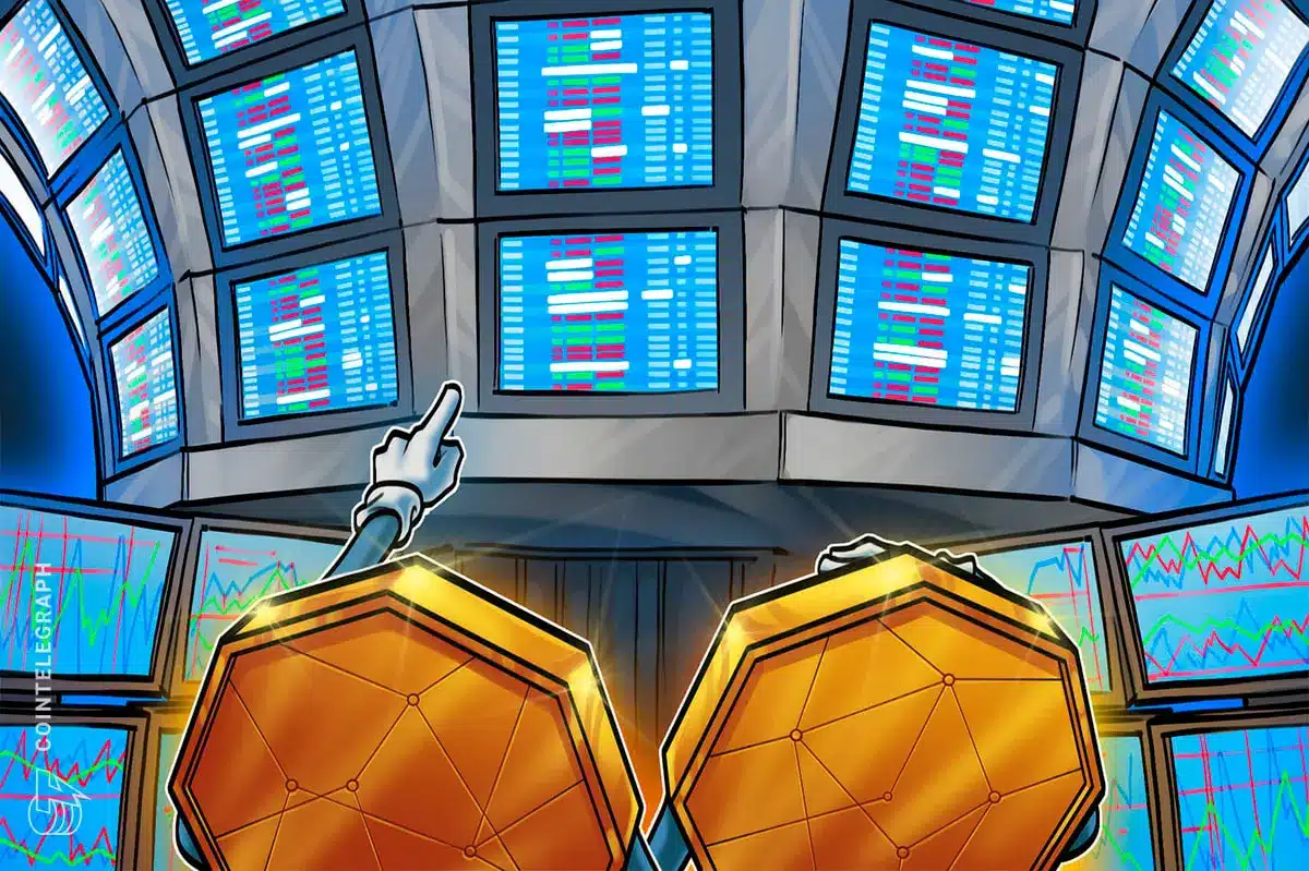 A futuristic trading room with digital screens displaying market data and cryptocurrency icons.
