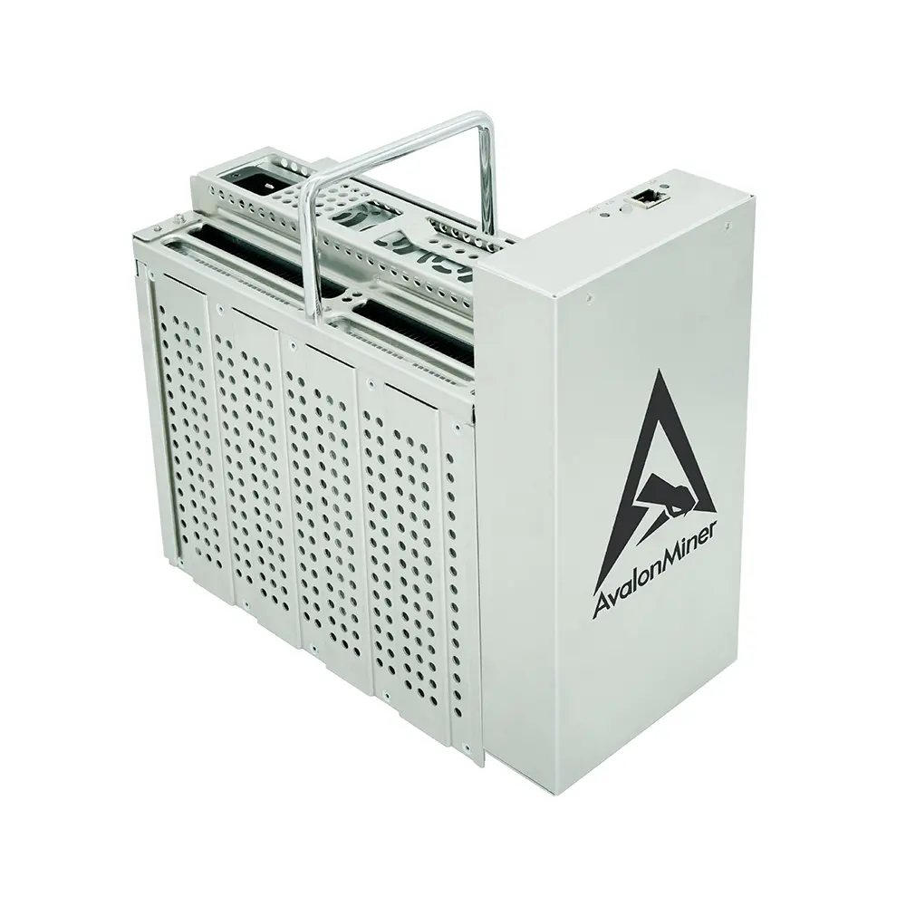 AvalonMiner mining hardware with a metallic body and perforated design.