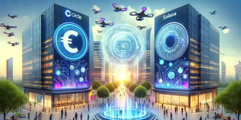Futuristic cityscape with Circle and Solana buildings featuring digital currencies.