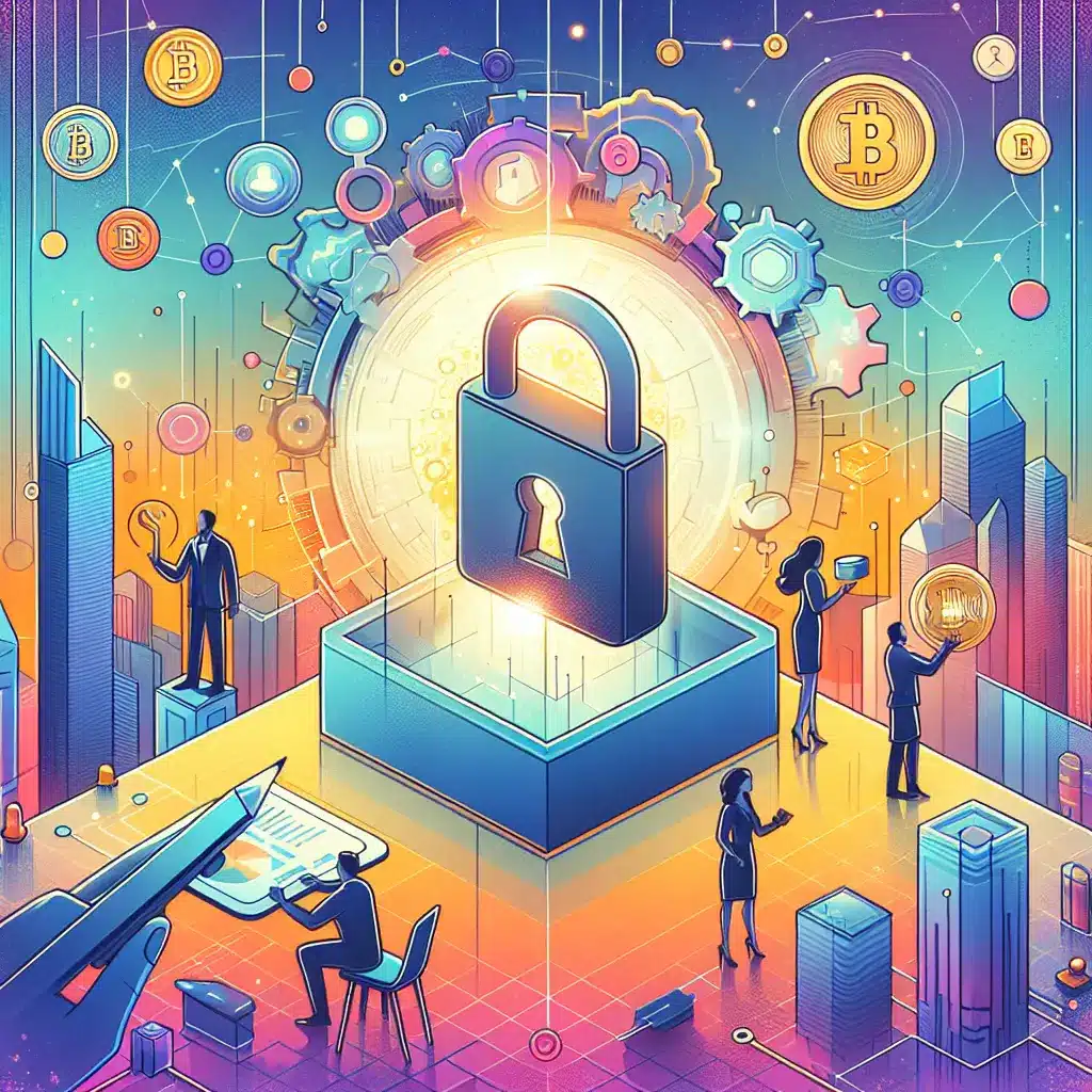 A vibrant digital illustration of crypto innovation featuring a locked padlock and coins.
