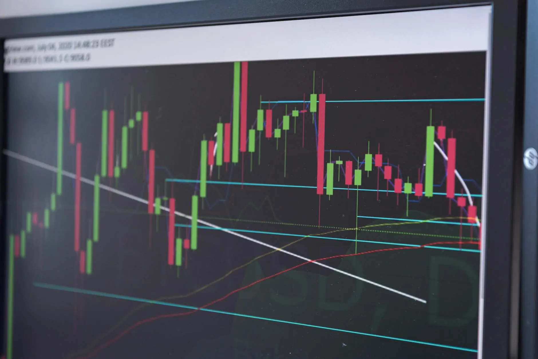 A detailed candlestick chart with green and red bars showing cryptocurrency price movements.