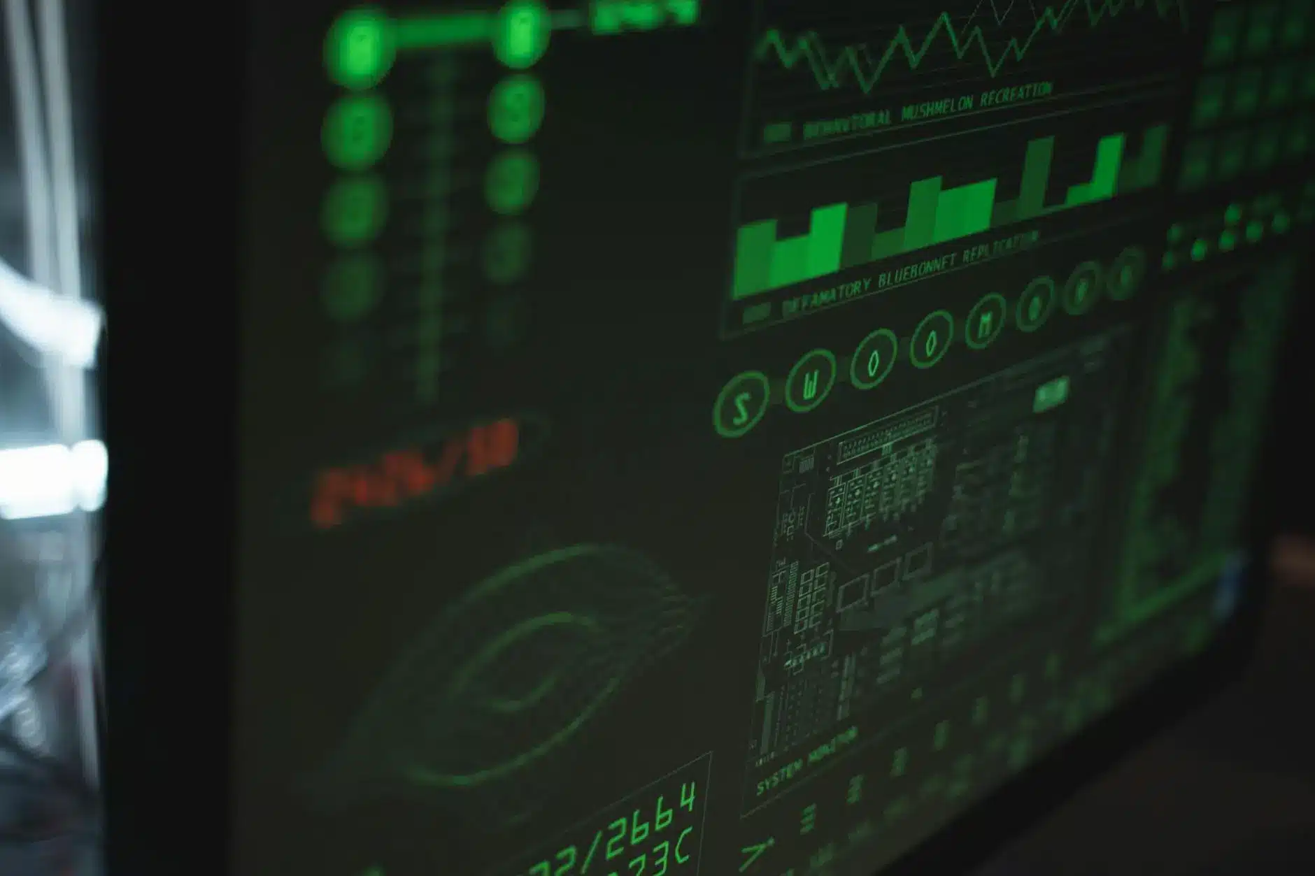 Close-up of a digital display with green graphs and technical data visuals.