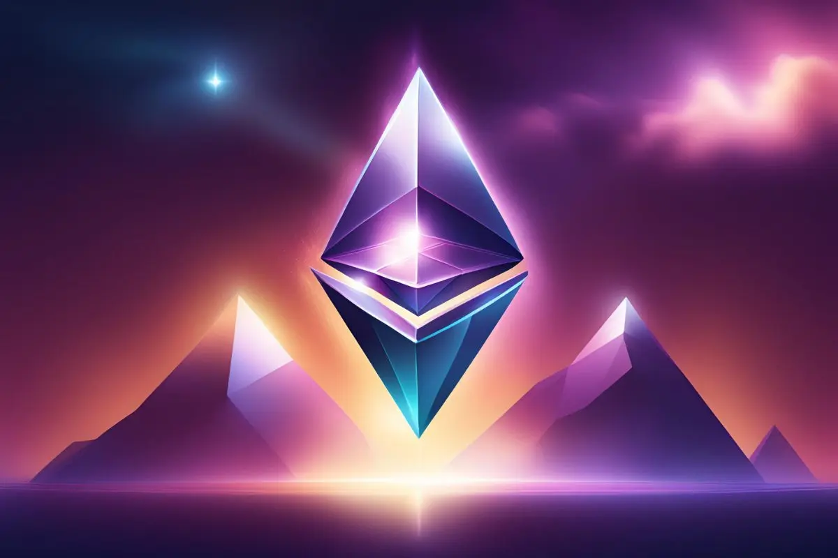A stylized Ethereum logo above geometric mountains in a vibrant, cosmic landscape.