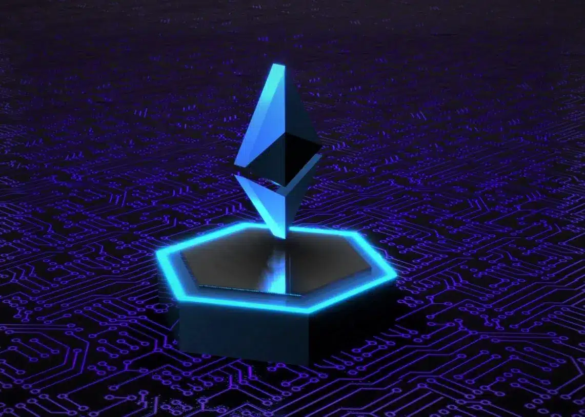 3D representation of Ethereum logo on a circuit board background with blue lighting.