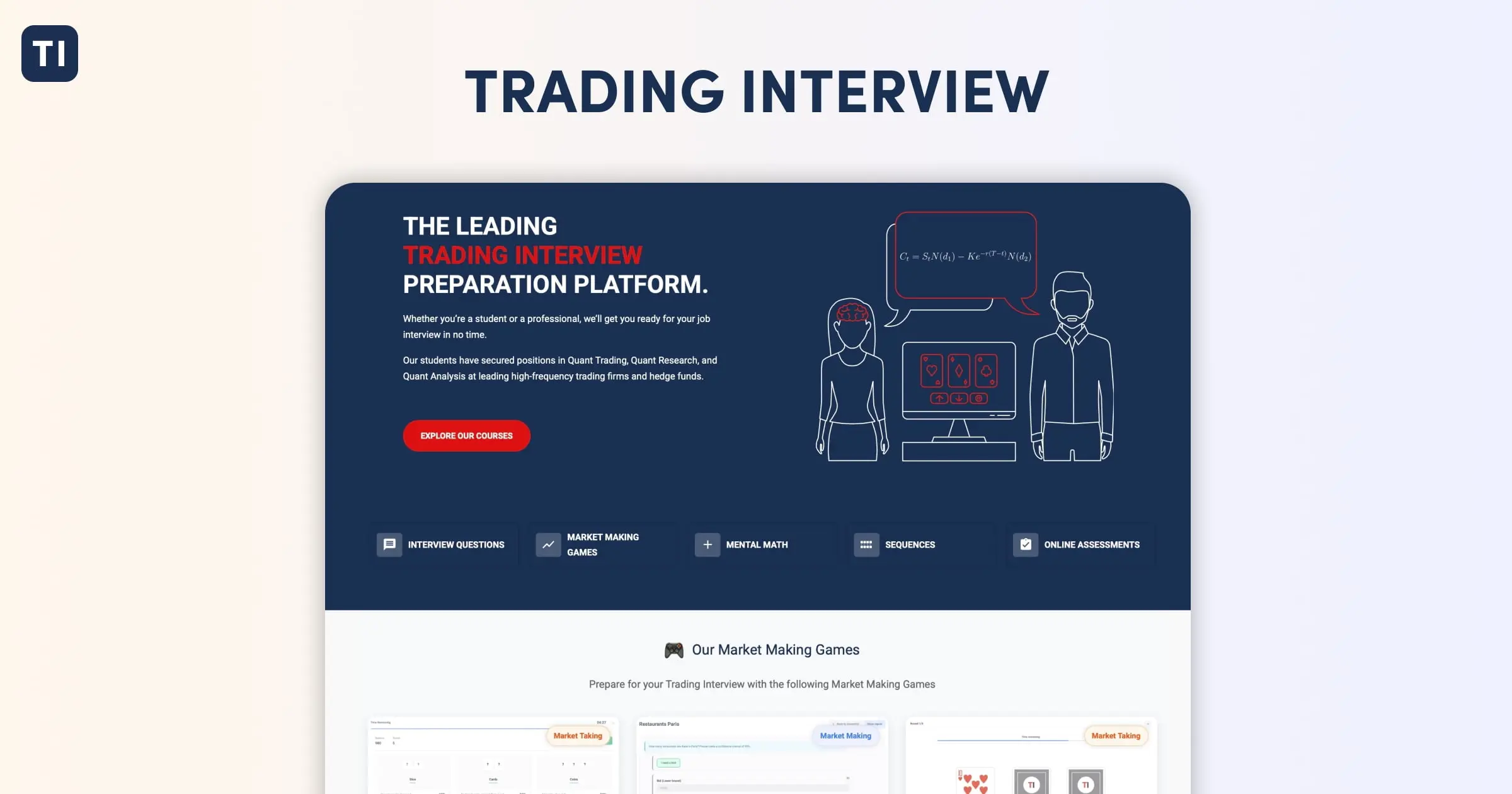 A website interface for a trading interview preparation platform highlighting market making games.
