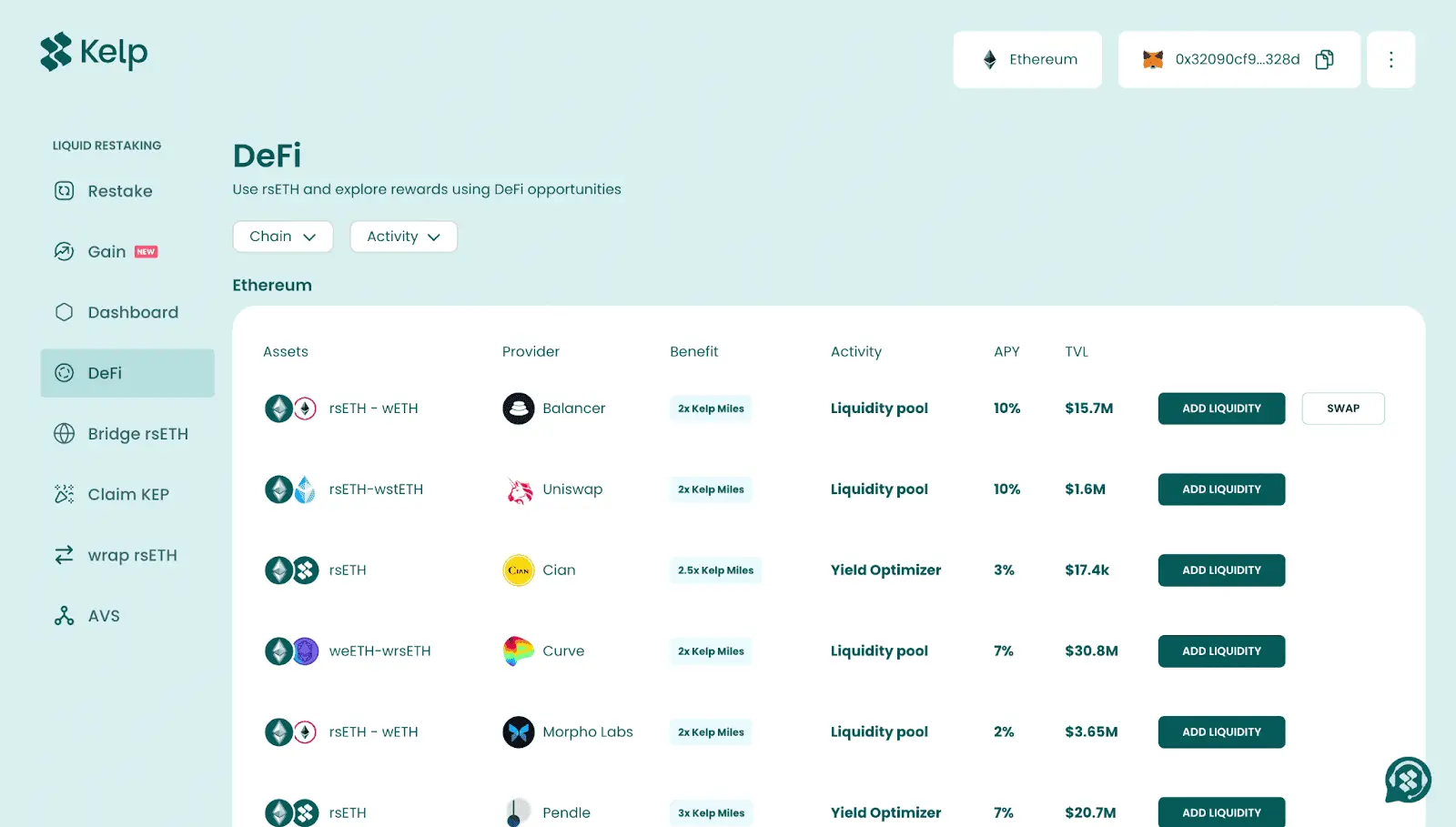 Kelp platform displaying DeFi options and liquidity pools on Ethereum.