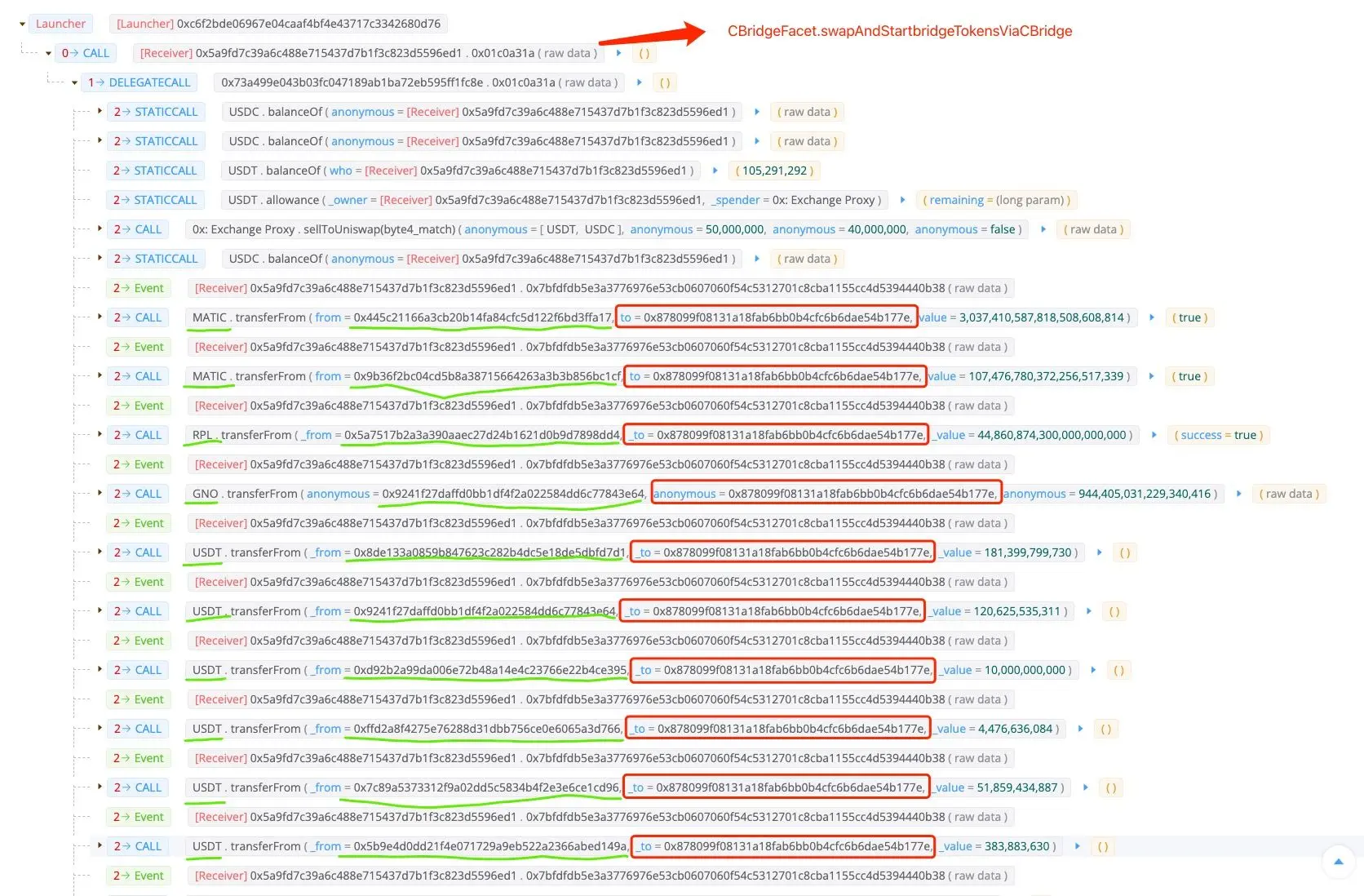 Detailed code execution logs related to LayerZero cross-chain bridge exploits.