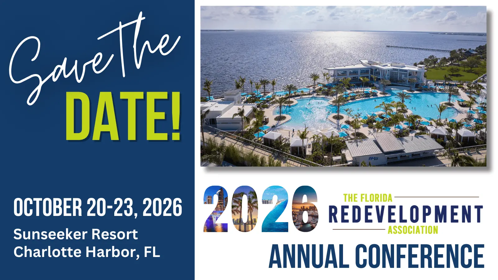 Aerial view of Sunseeker Resort with pool and Charlotte Harbor in the background.