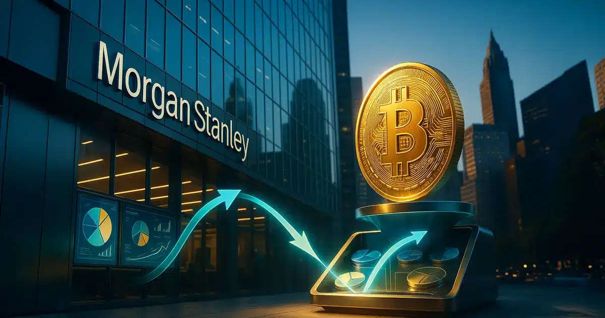 Morgan Stanley building with a large Bitcoin symbol and financial charts in the background.