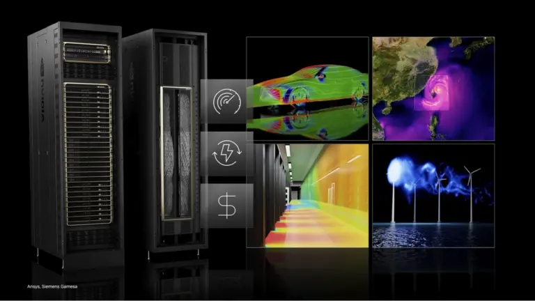 NVIDIA GPU data center server with visualizations of AI applications and analytics.