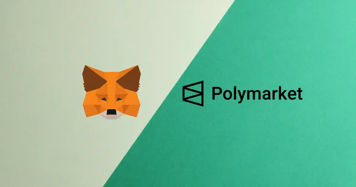 Polygonal fox head logo and Polymarket logo on a two-tone background.
