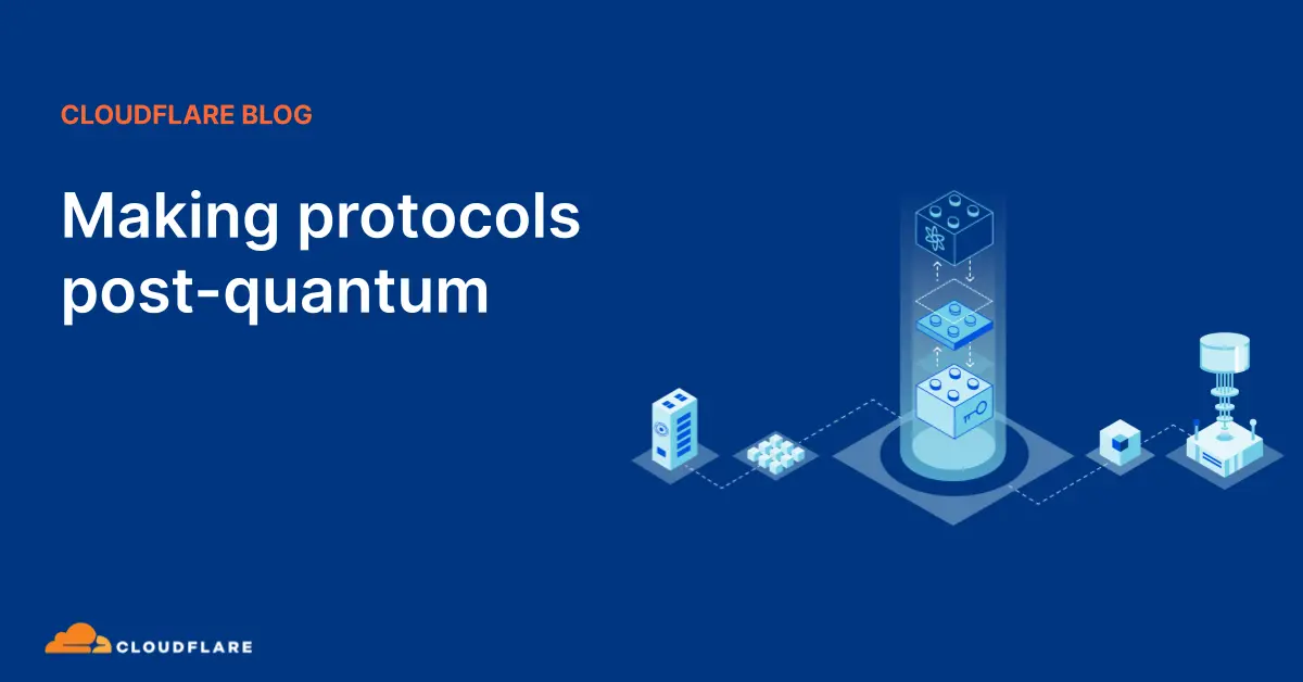 Illustration of post-quantum protocols with digital blocks and network elements.