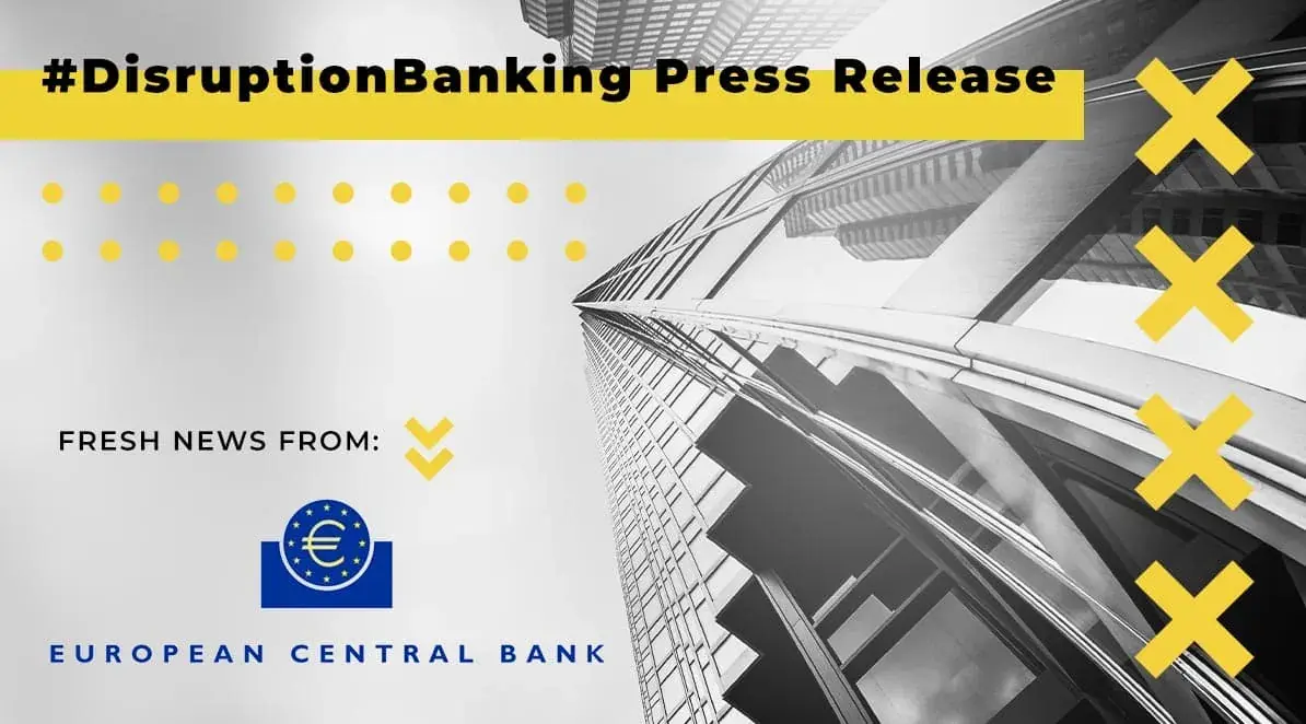 Abstract view of a modern building with reflections, featuring the European Central Bank logo.