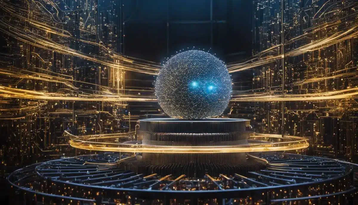 A glowing sphere surrounded by swirling light trails in a digital environment.