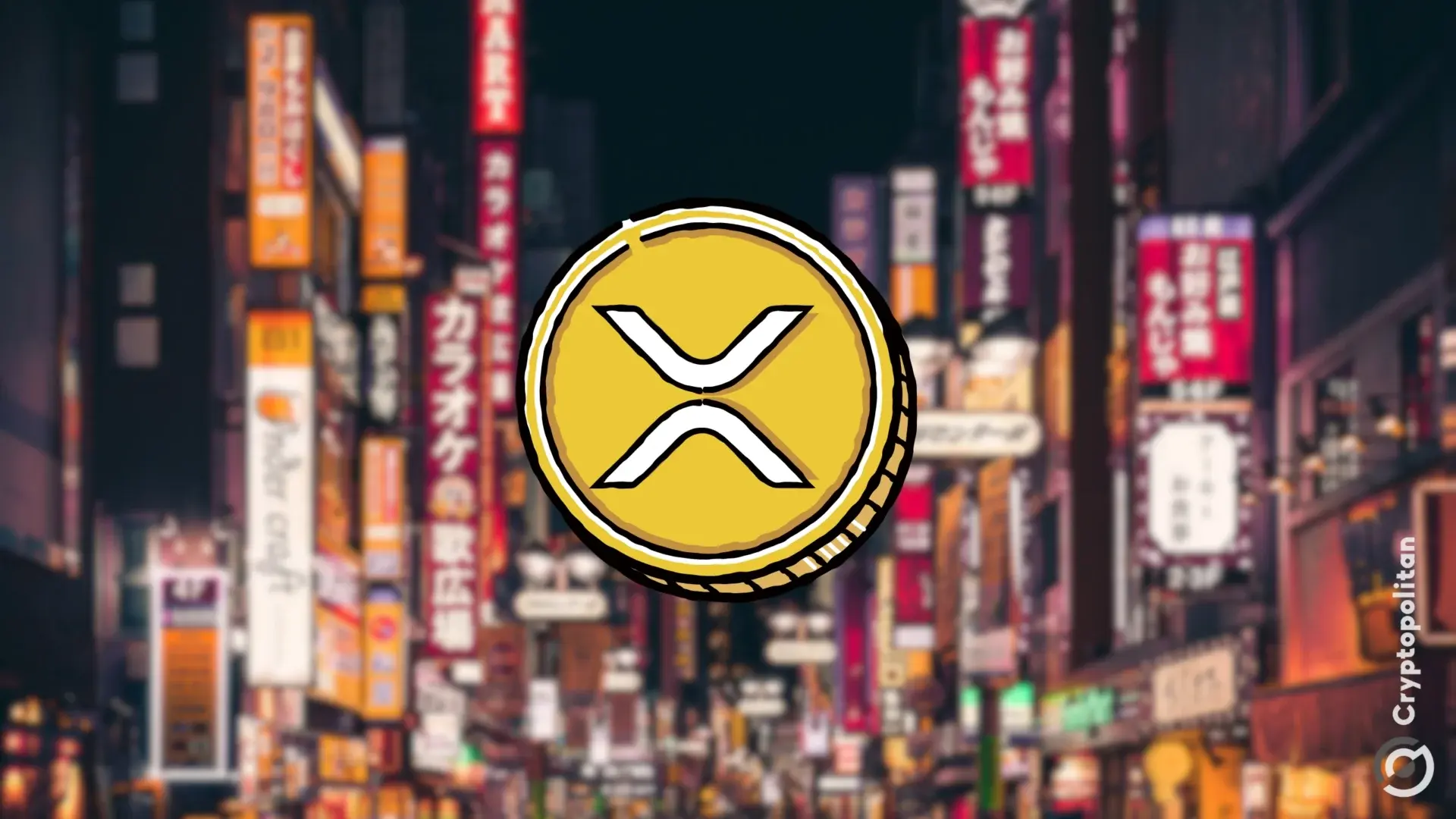 A stylized Ripple coin logo in front of a vibrant city street scene with neon signs.