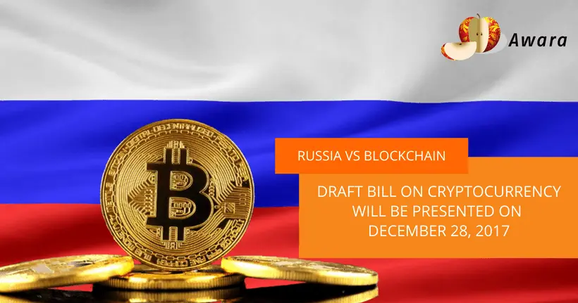 Bitcoin coins in front of the Russian flag, with text about cryptocurrency draft bill.