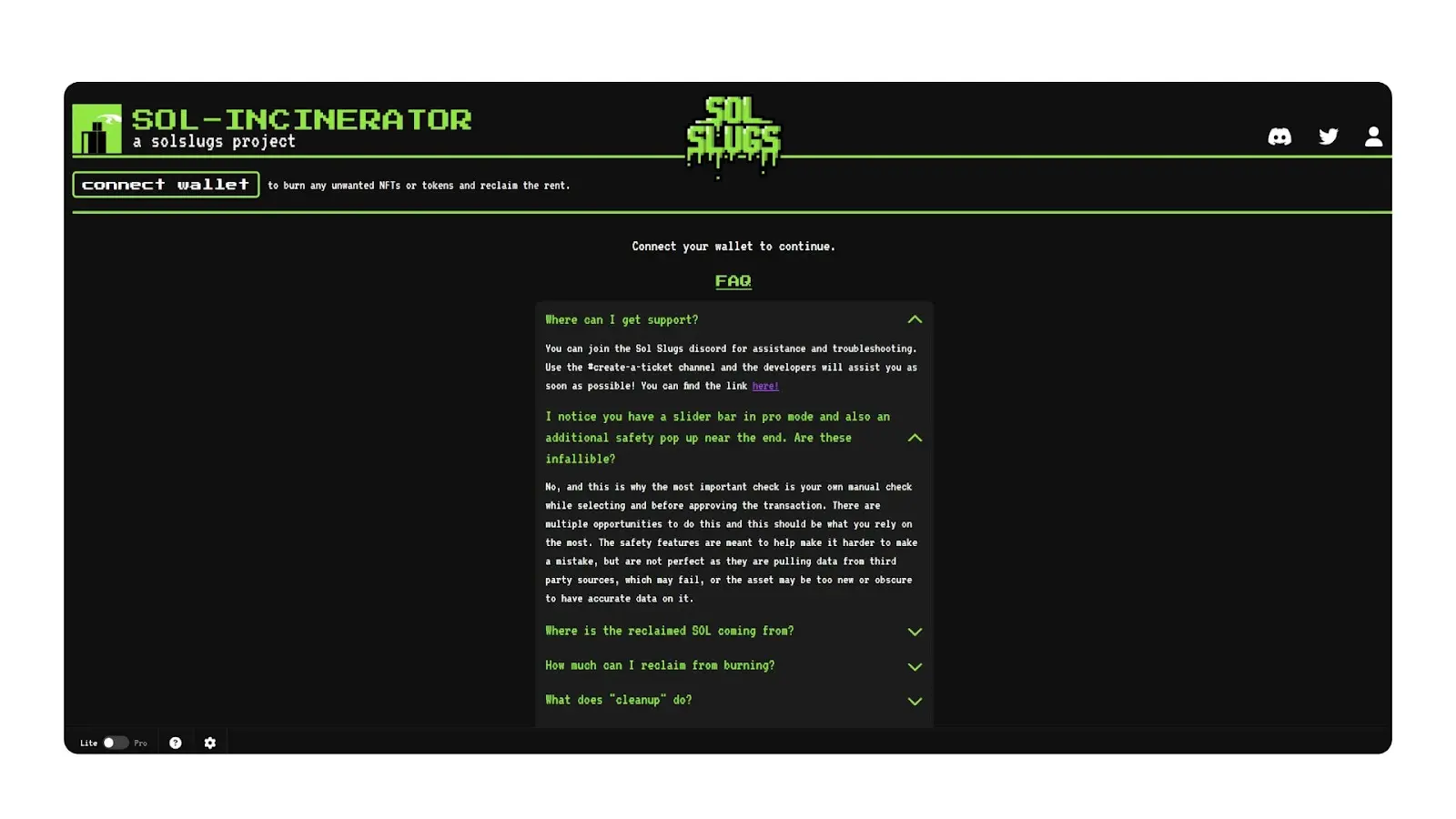 Screenshot of the Sol Incinerator interface for burning NFTs on Solana blockchain.