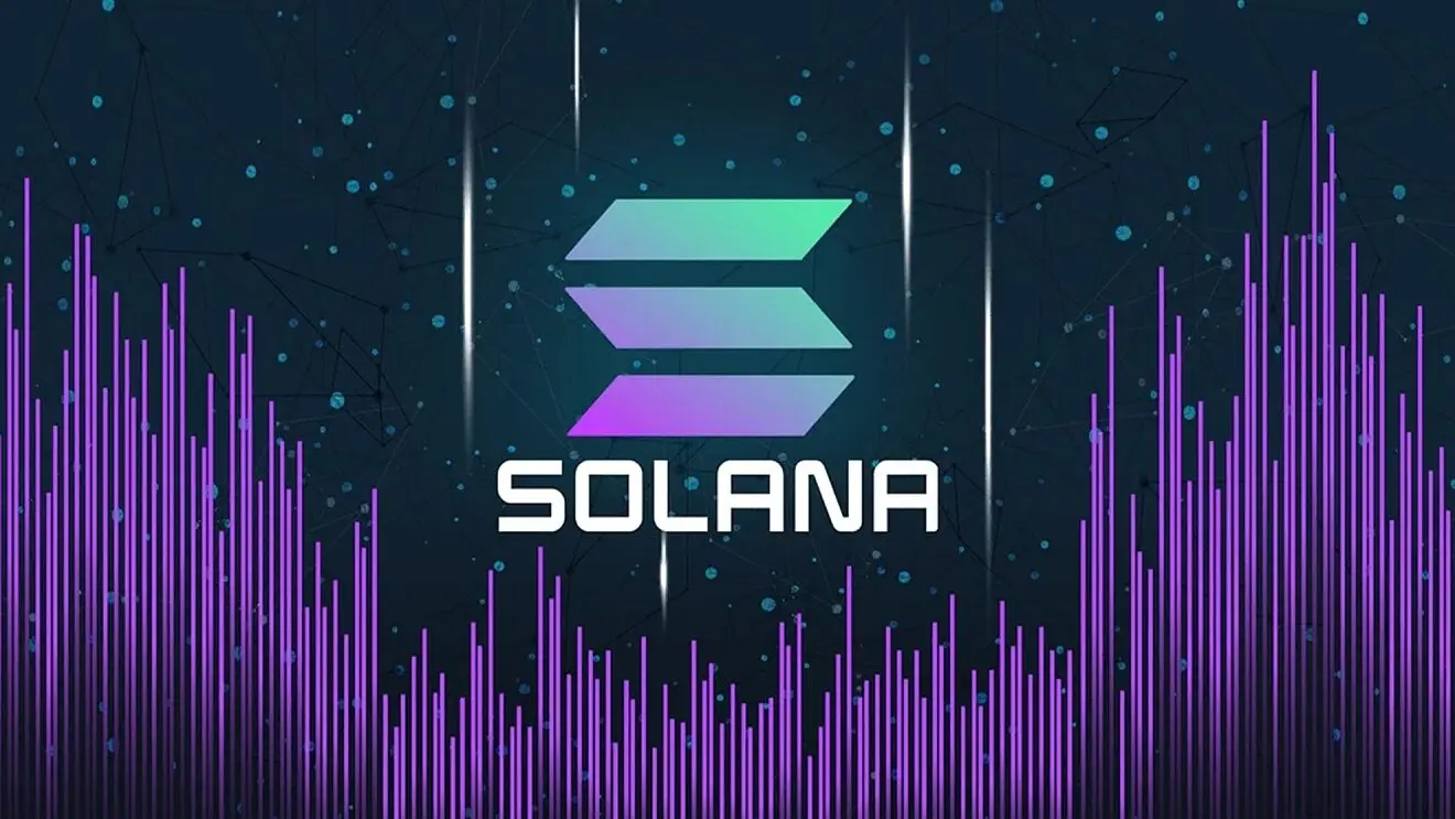 Solana logo overlaid on a vibrant purple and blue wave graph background.