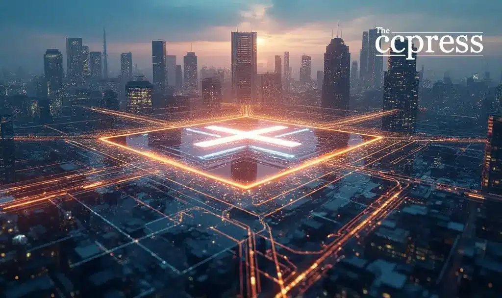 Aerial view of a city skyline with glowing XRP symbol and digital network lines.