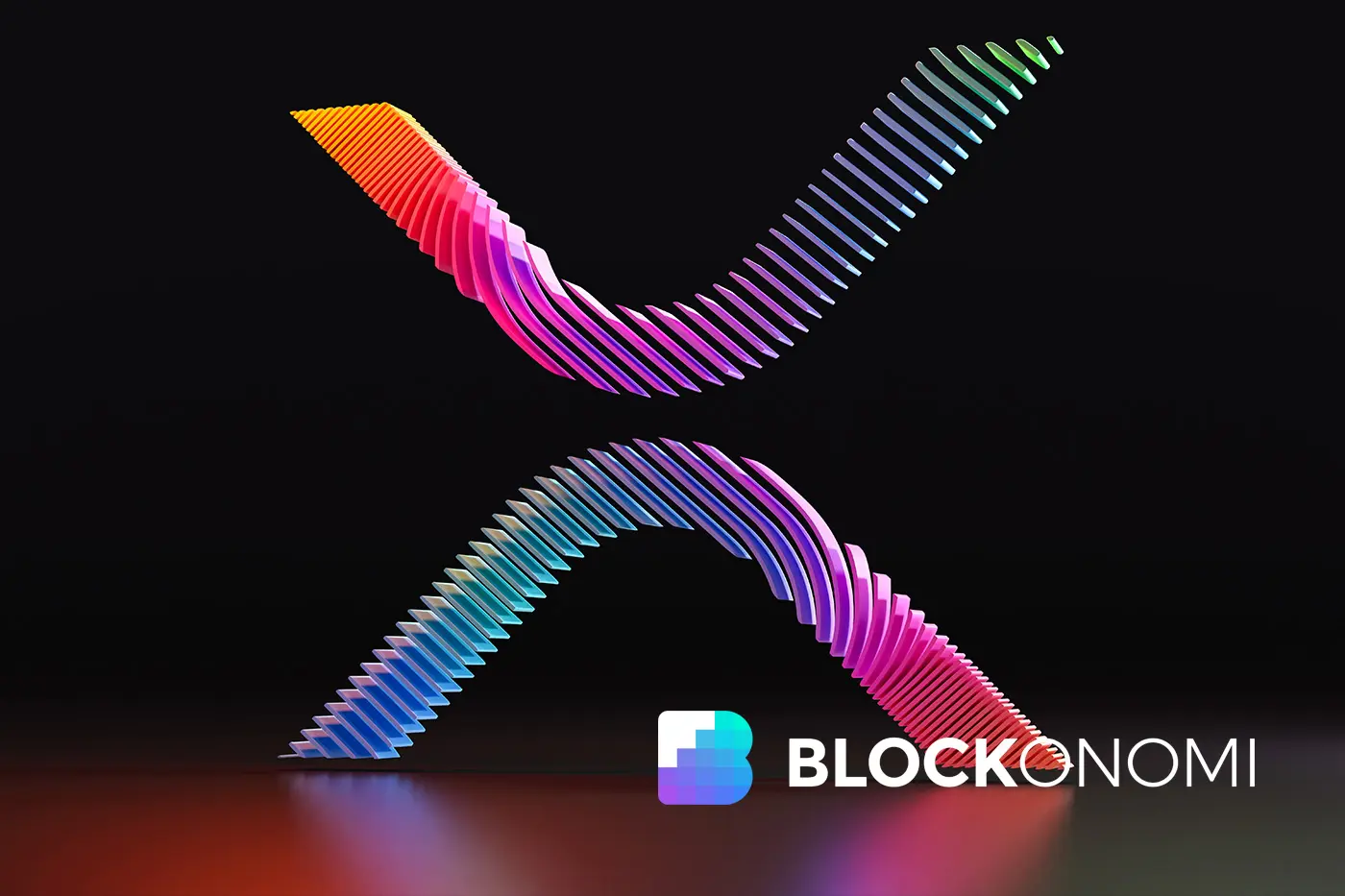 Colorful wave-like pattern representing XRP with BLOCKONOMI logo at the bottom right.
