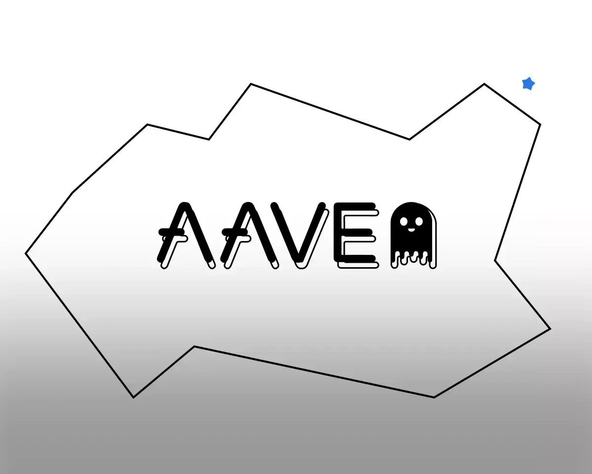 A graphic featuring the word 'AAVE' with a ghost icon and an abstract shape.