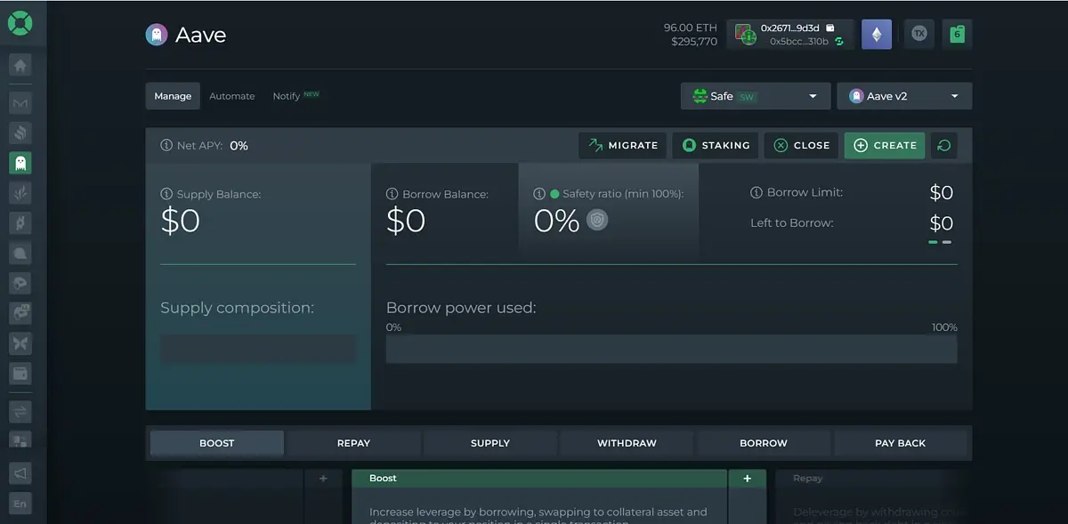 Aave DeFi dashboard displaying supply and borrow balances, net APY, and options for managing assets.